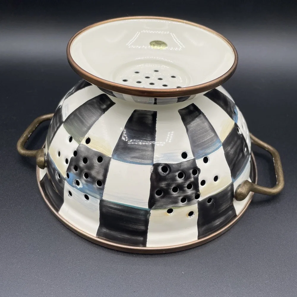 MacKenzie Childs Courtly Check Small Colander Enamel Strainer Black And White